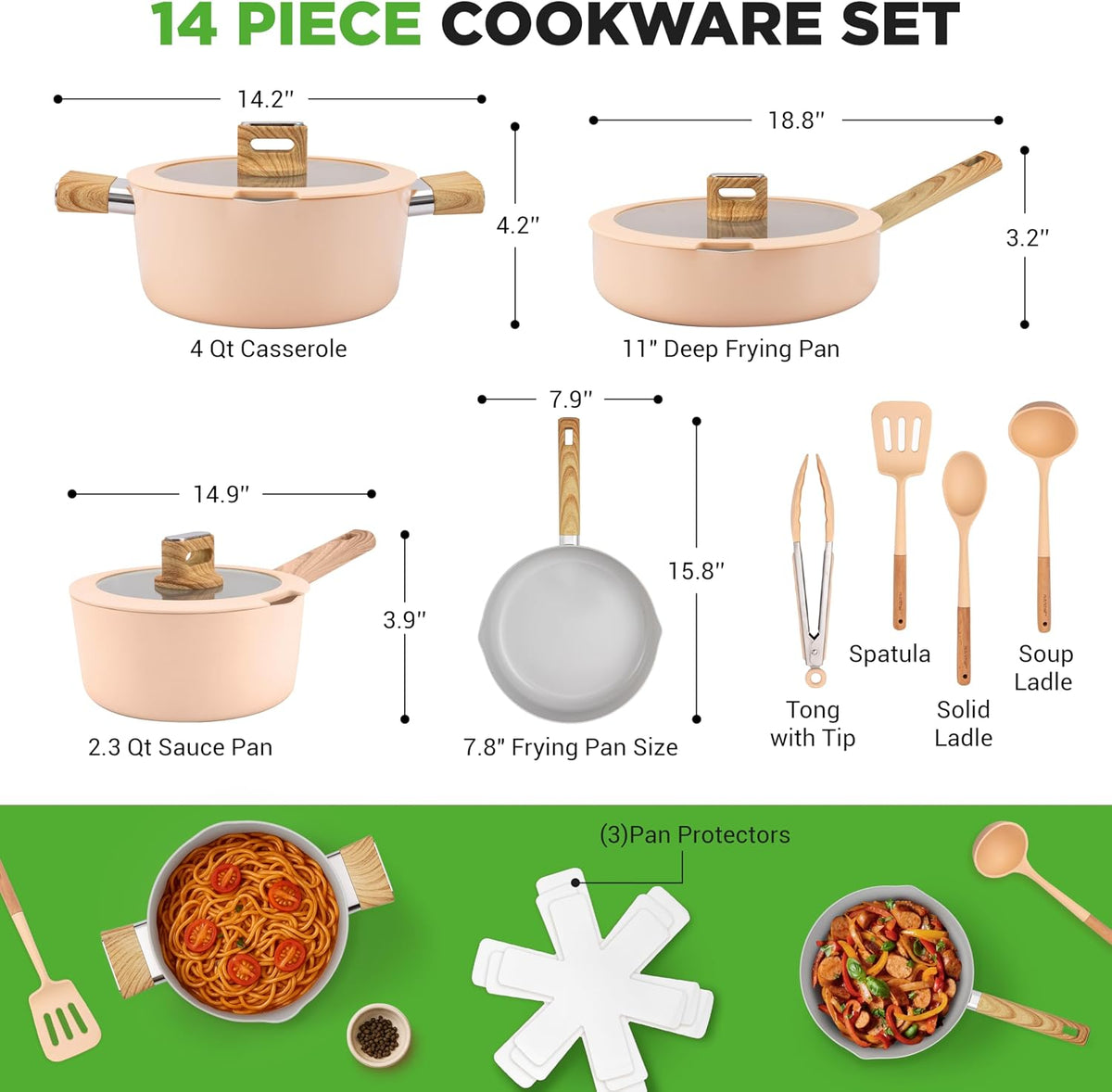 Ceramic Cookware Set with Cooking Utensils - 14-Piece Nonstick Cookware Set with Glass Lids, Compatible with All Cooktops, Heat-Resistant Handles and Stylish Finish (Pink)