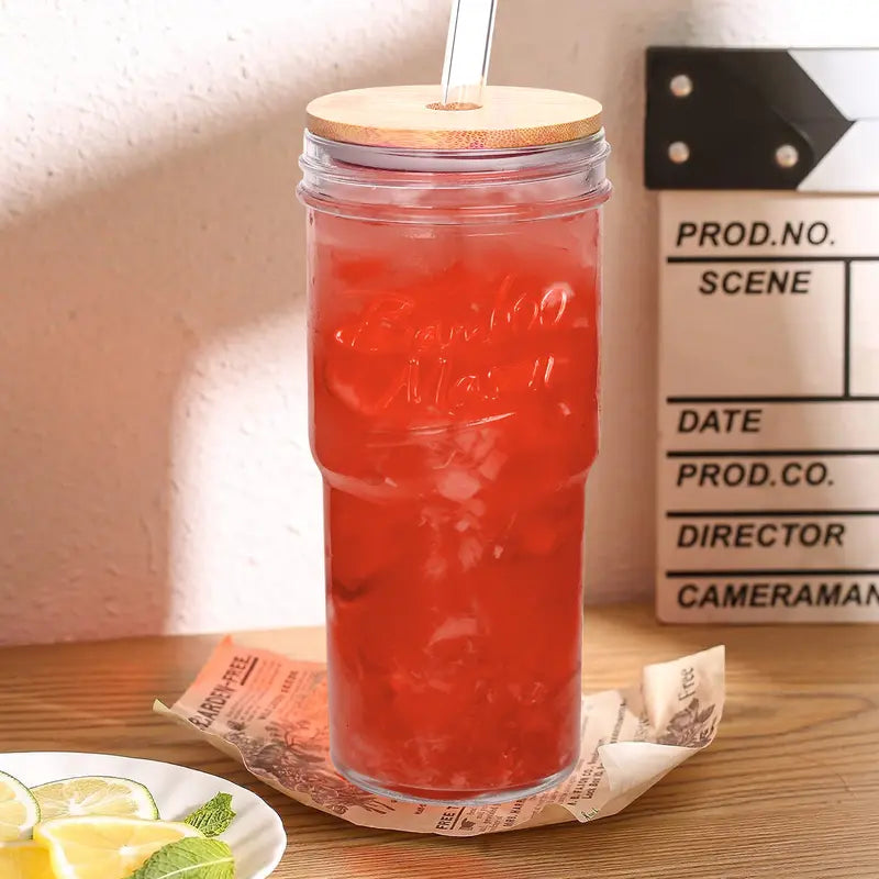 4-Pack 24oz Mason Jar Reusable Glass Water Bottles with Lids & Straws - Perfect for Iced Coffee, Boba & On-the-Go Refreshments!