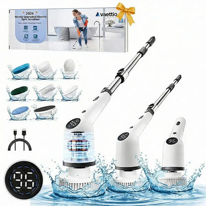 Durable Wireless Electric Spin Scrubber with Charging Station, Powerful Motor, IPX7 Wet-Safe Full-Body Moisture Resistance, 4 Replaceable Heads, 3 Adjustable Extension Rods, Dual-Speed Control, Handle, for Bathroom & Specialty Kitchen Home Essentials
