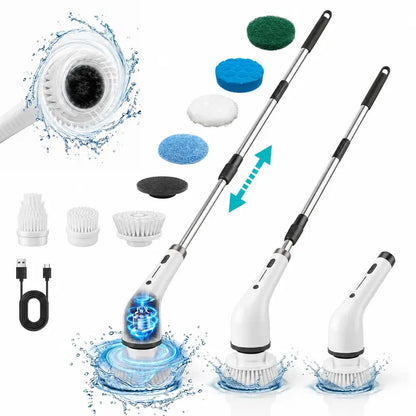 Durable Wireless Electric Spin Scrubber with Charging Station, Powerful Motor, IPX7 Wet-Safe Full-Body Moisture Resistance, 4 Replaceable Heads, 3 Adjustable Extension Rods, Dual-Speed Control, Handle, for Bathroom & Specialty Kitchen Home Essentials