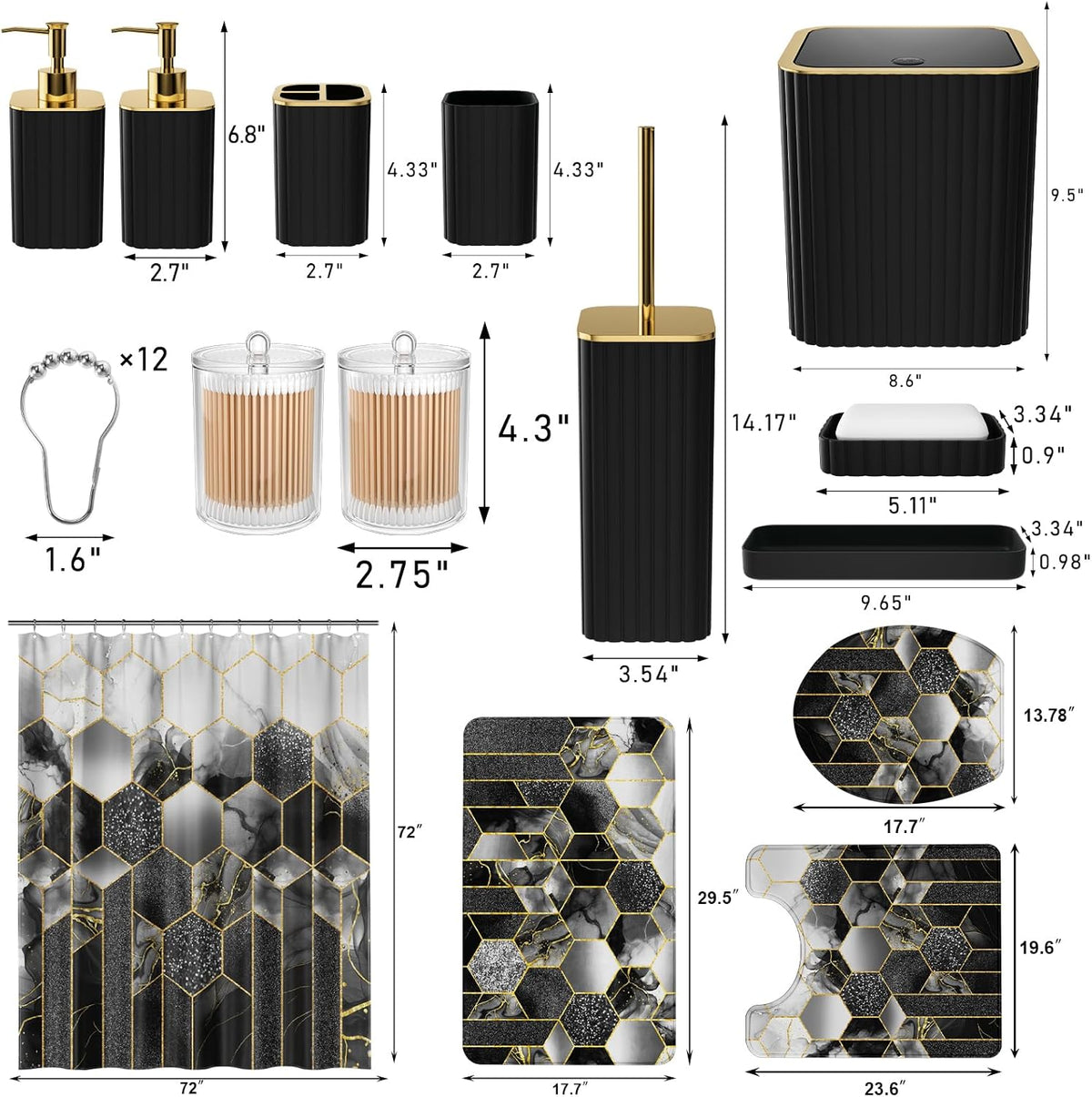 Bathroom Set - 26PC Bathroom Set with Shower Curtain and Rugs, Black