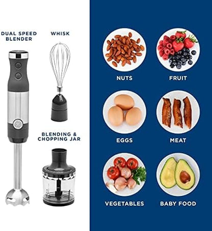 GE Immersion Blender | Handheld Blender for Shakes, Smoothies, Baby Food & More | Includes Whisk & Blending Jar | 2-Speed | Interchangeable Attachment for Easy Clean | 500 Watts | Stainless Steel