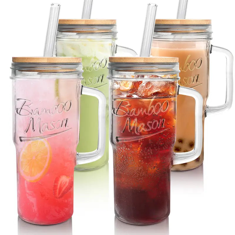 4-Pack 24oz Mason Jar Reusable Glass Water Bottles with Lids & Straws - Perfect for Iced Coffee, Boba & On-the-Go Refreshments!