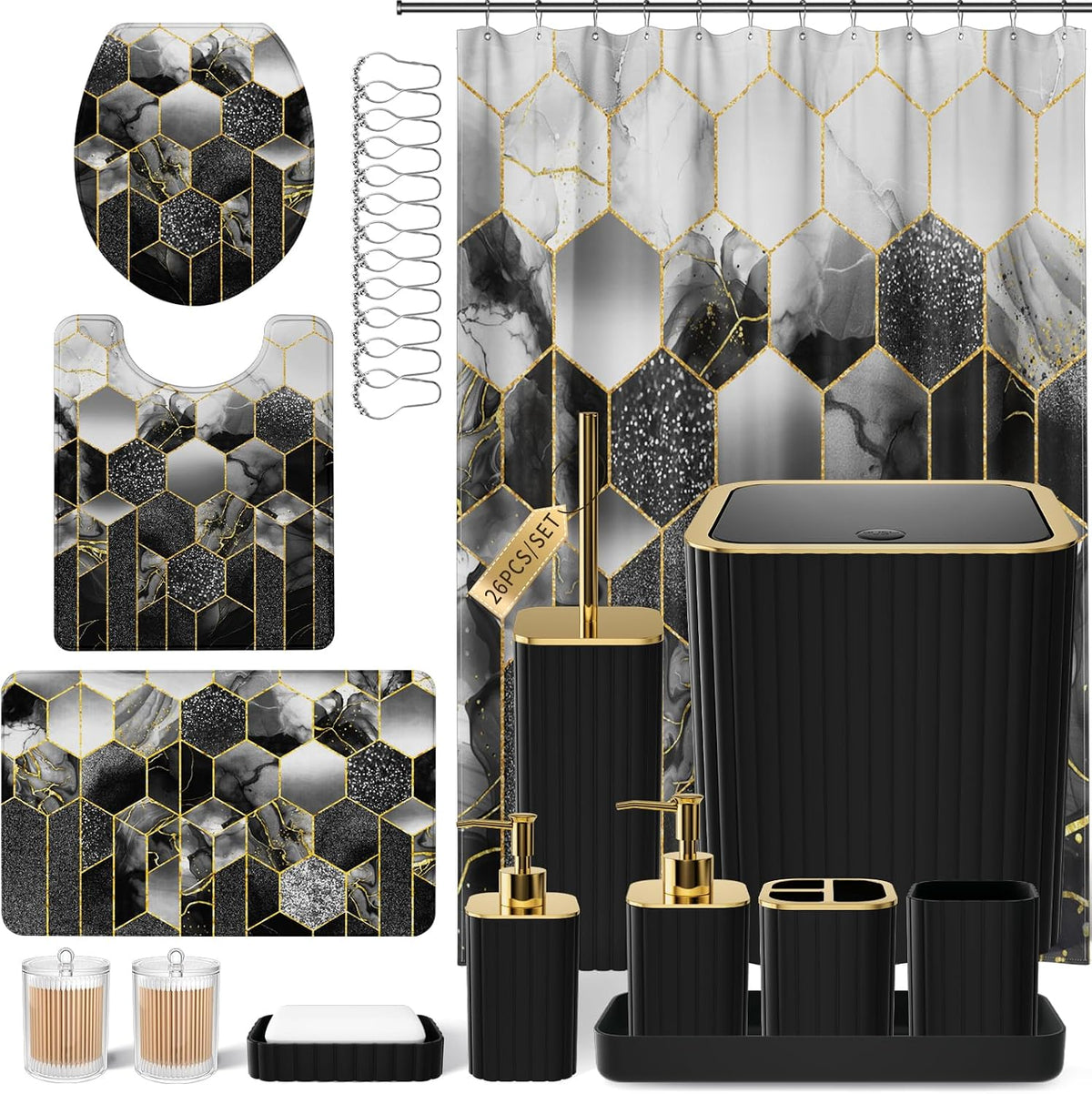 Bathroom Set - 26PC Bathroom Set with Shower Curtain and Rugs, Black