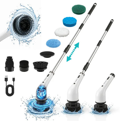 Durable Wireless Electric Spin Scrubber with Charging Station, Powerful Motor, IPX7 Wet-Safe Full-Body Moisture Resistance, 4 Replaceable Heads, 3 Adjustable Extension Rods, Dual-Speed Control, Handle, for Bathroom & Specialty Kitchen Home Essentials