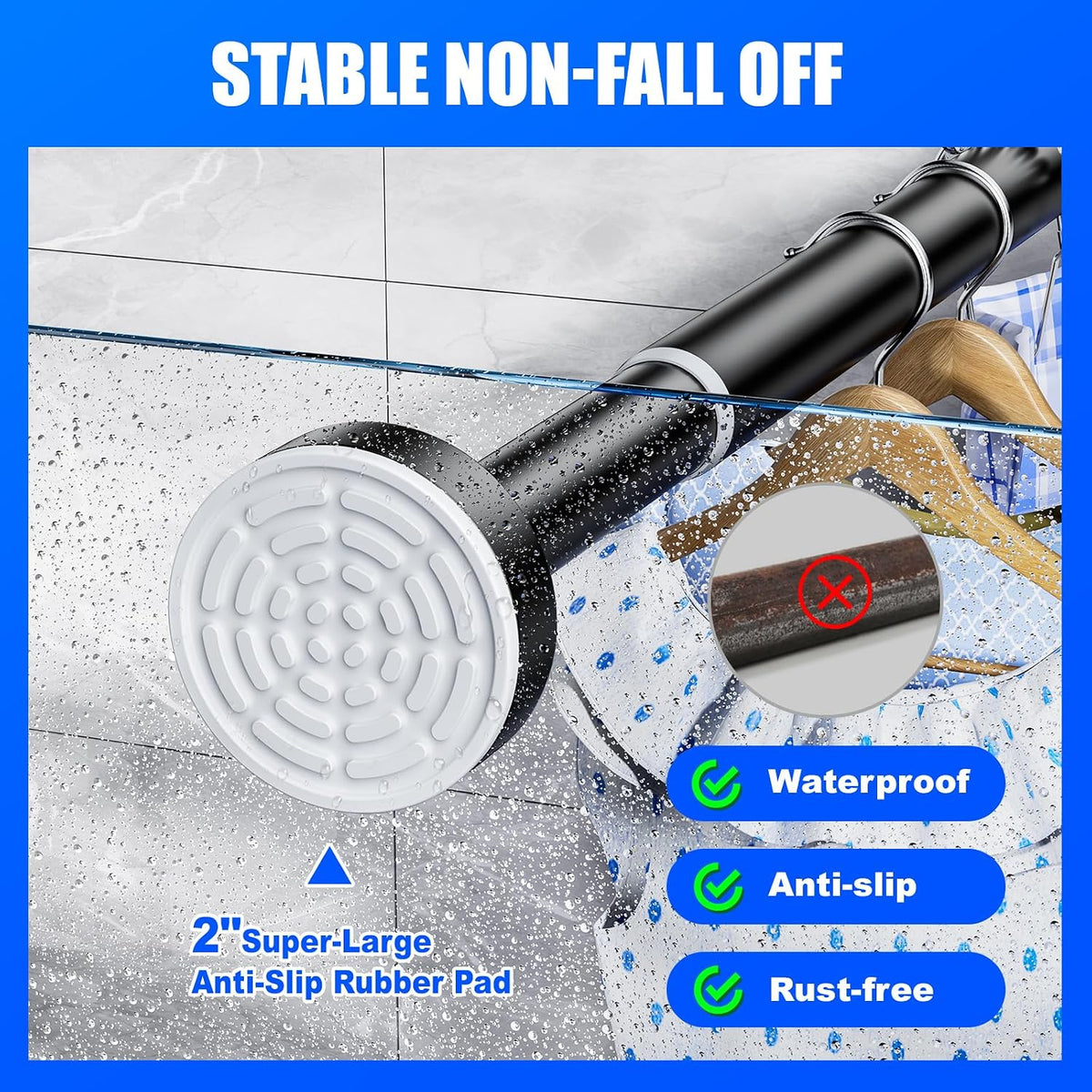 Shower Curtain Rod - 32-43 Inch Rustproof Tension Rod, Non-Slip Spring Design, No Drilling Adjustable Curtain Rod for Bathroom, Kitchen, and Closet（Black）