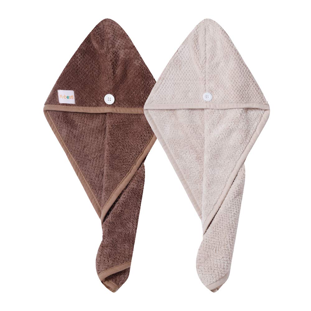 2 Pack Hair Drying Towels,Hair Wrap Towels,Absorbent Microfiber Hair Towel Turban with Button Design to Dry Hair More Quicker（Coffee&Khaki）