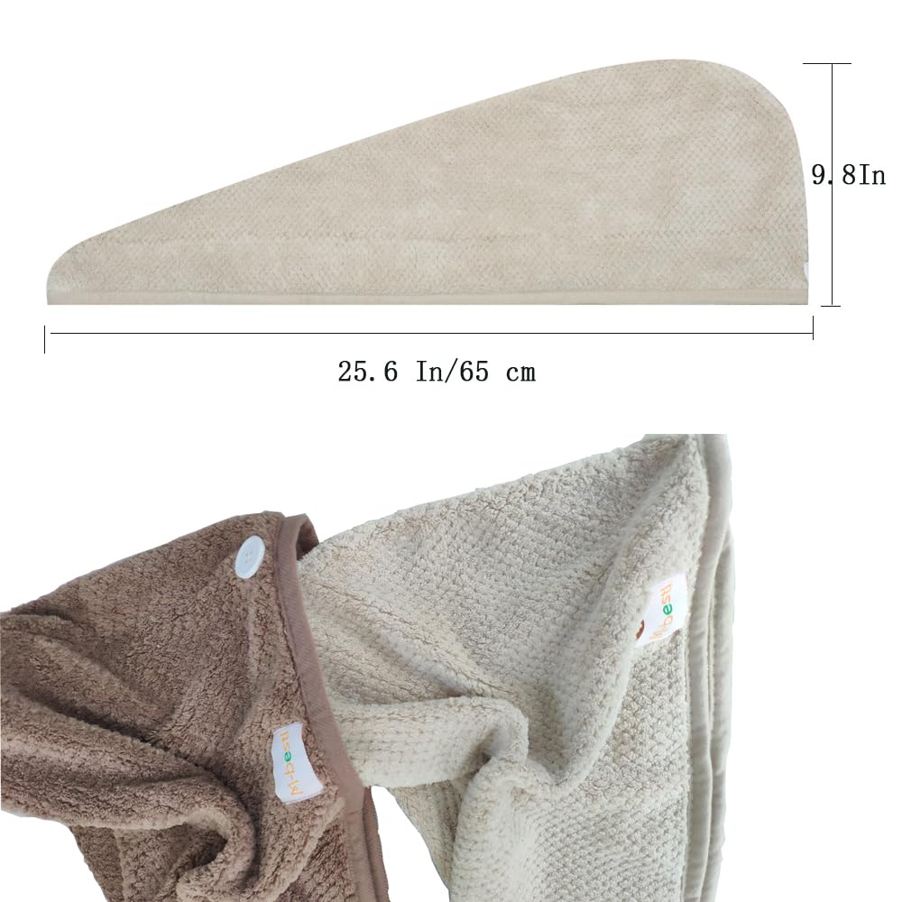 2 Pack Hair Drying Towels,Hair Wrap Towels,Absorbent Microfiber Hair Towel Turban with Button Design to Dry Hair More Quicker（Coffee&Khaki）