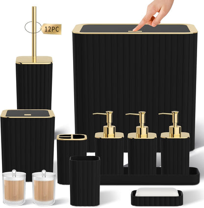 Bathroom Accessory Set - Bathroom Set, 12PC Bathroom Accessories Set, Black Bathroom Accessories Set, Mini Trash Can, Toilet Brush, Trash Can & Soap Dispenser