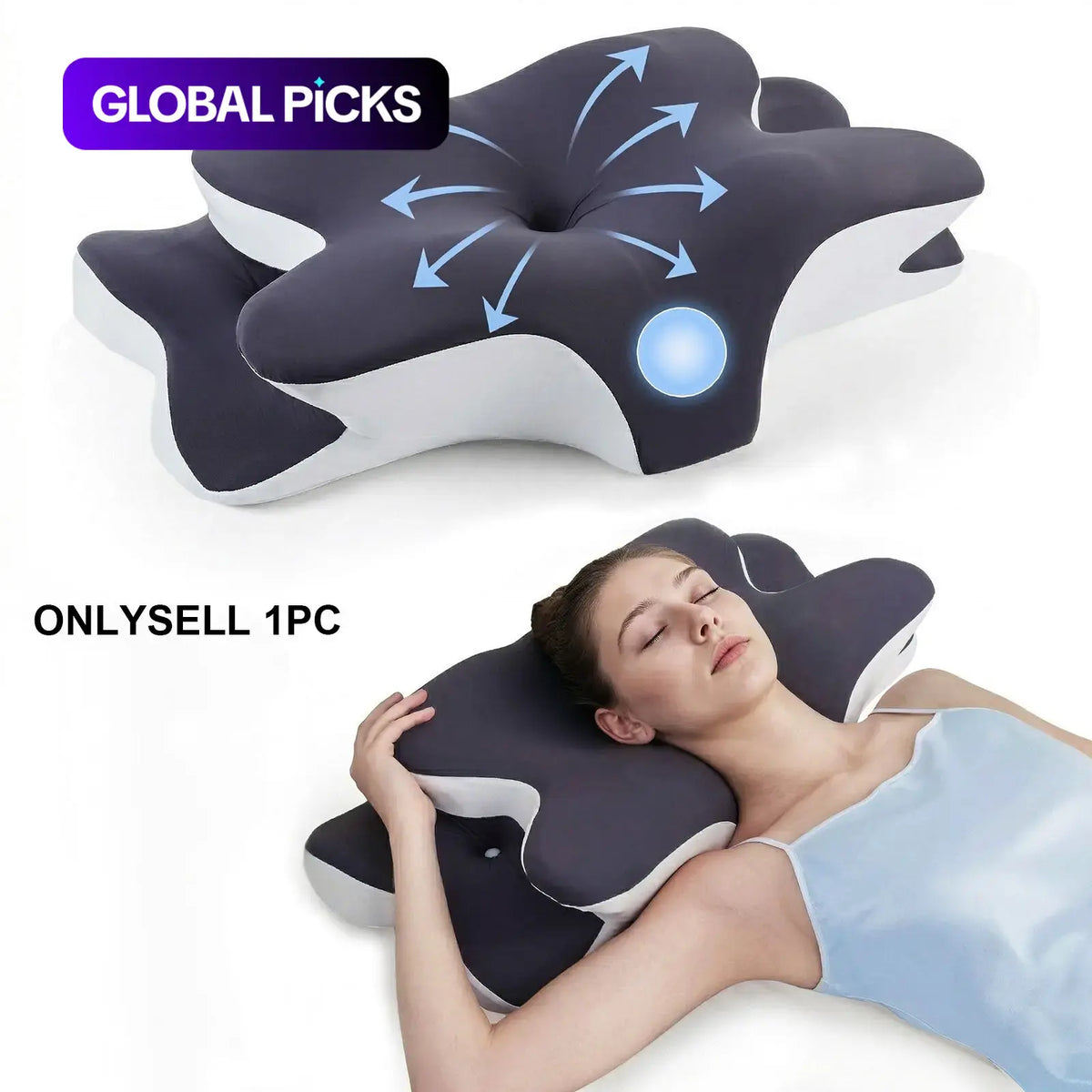 Double-Sided Contoured Neck Pillow with Ergonomic Neck Care, Cooling Cover, Zoned Design, and Extra-Large Armrest for Side, Stomach, and Back Sleepers #GLOBAL PICKS