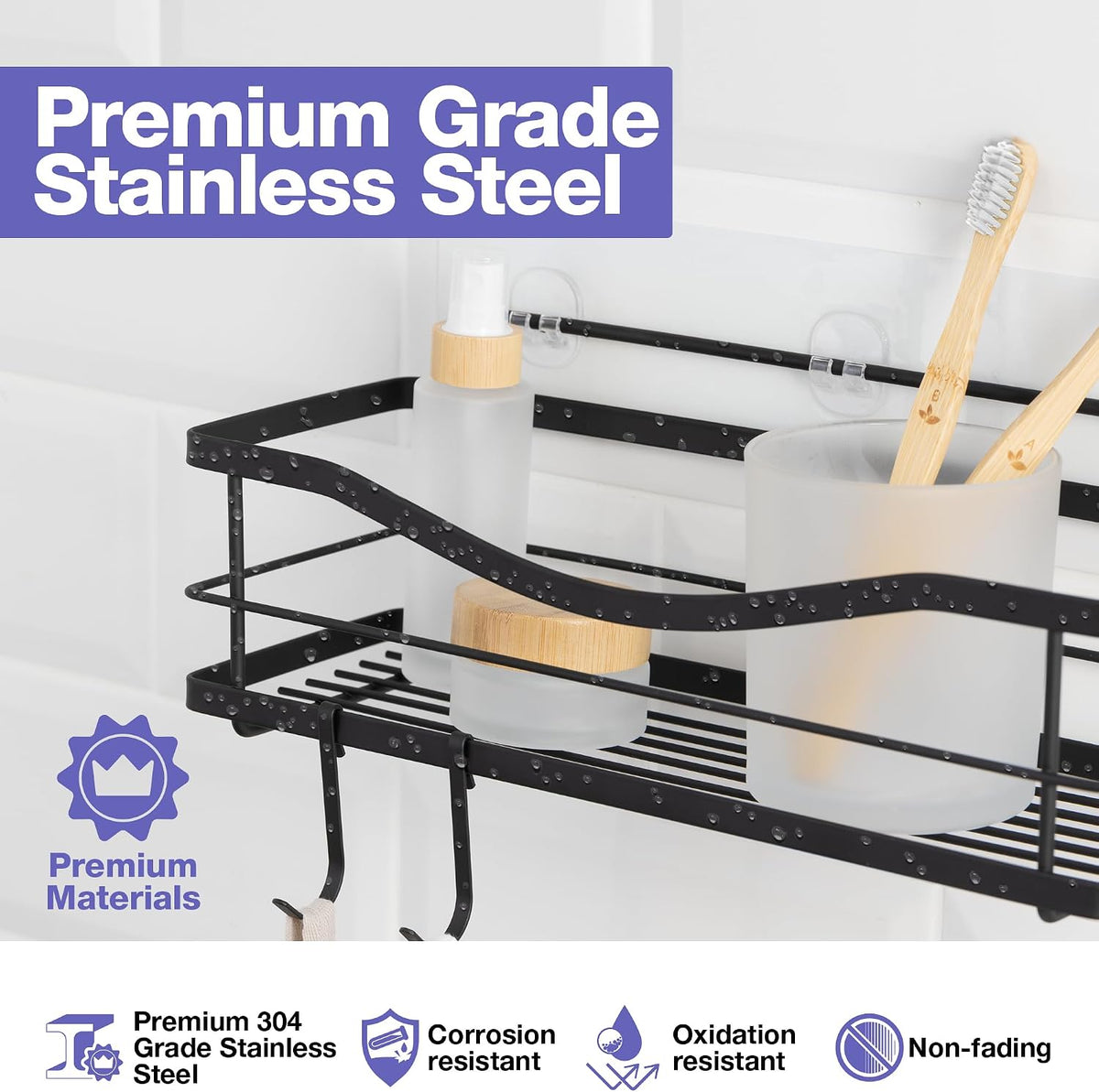 Premium Shower Caddy - Self Adhesive Shower Shelf with 4 Hooks - No Drill Large Capacity Stainless Steel Rack - Aesthetic Organizer for Bathroom Wall Decor - Matte Black