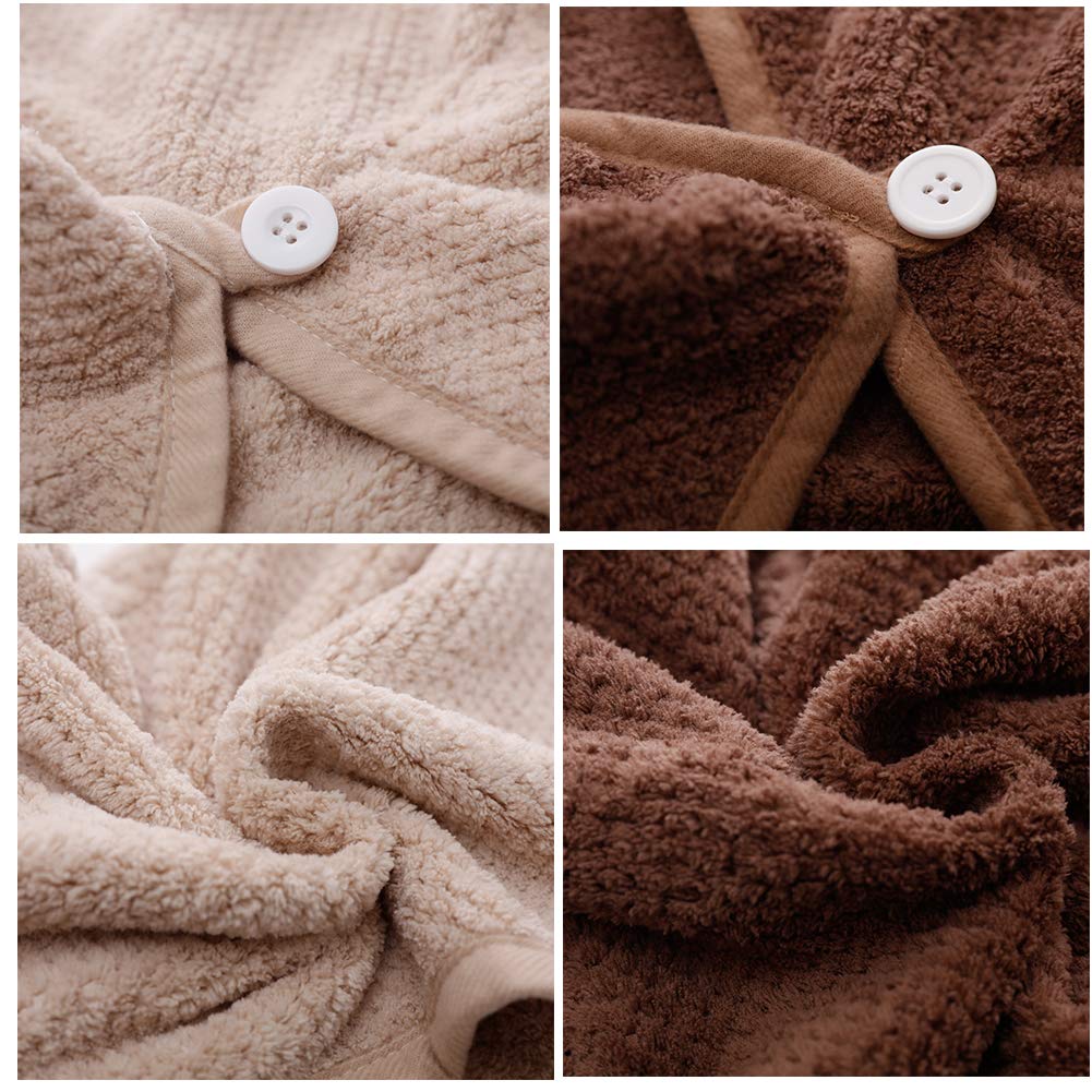 2 Pack Hair Drying Towels,Hair Wrap Towels,Absorbent Microfiber Hair Towel Turban with Button Design to Dry Hair More Quicker（Coffee&Khaki）