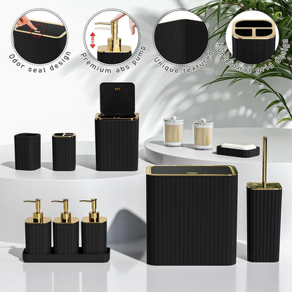 Bathroom Accessory Set - Bathroom Set, 12PC Bathroom Accessories Set, Black Bathroom Accessories Set, Mini Trash Can, Toilet Brush, Trash Can & Soap Dispenser