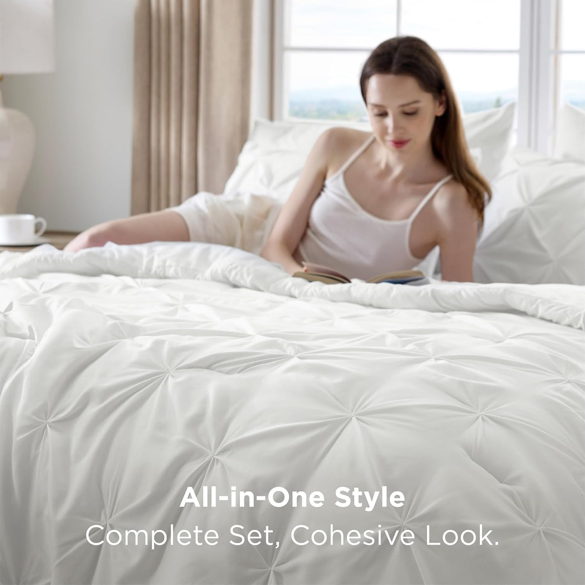 Twin Comforter Set & Sheet Set, 5-Piece White Bedding Set