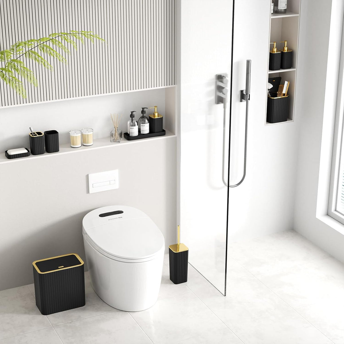 Bathroom Accessory Set - Bathroom Set, 12PC Bathroom Accessories Set, Black Bathroom Accessories Set, Mini Trash Can, Toilet Brush, Trash Can & Soap Dispenser