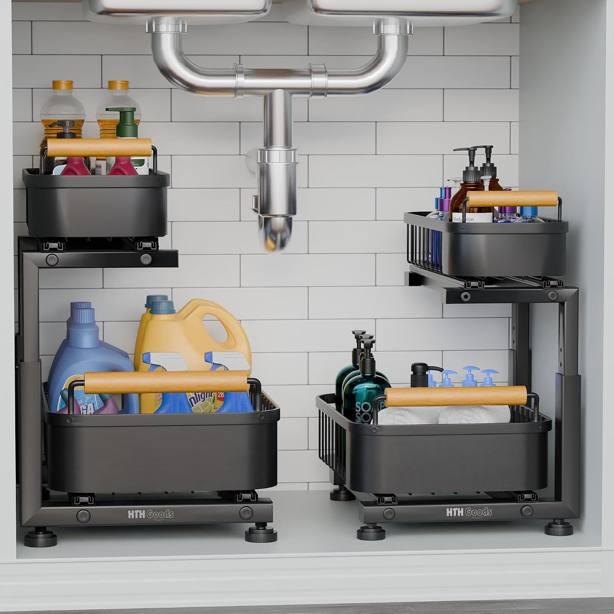 Premium Large under Sink Organizer, 2-Tier Pull Out, Adjustable