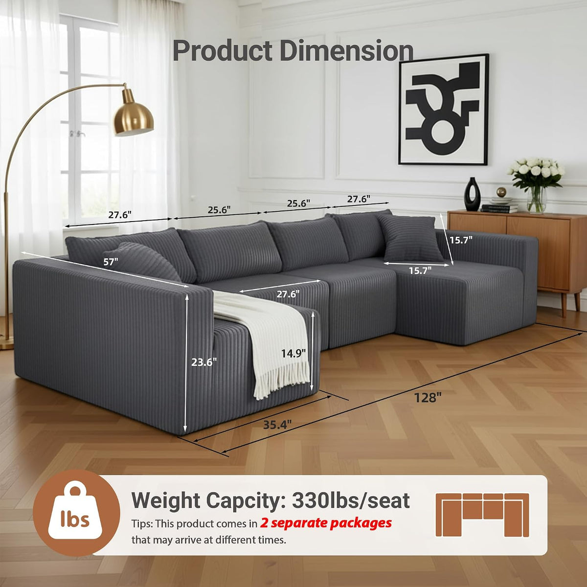 128" Modular U Shaped Boneless Couch, Deep Seat Bonless Couches for Living Room, Modern Cloud Sofa with Double Chaise, No Assembly Required, Dark Grey