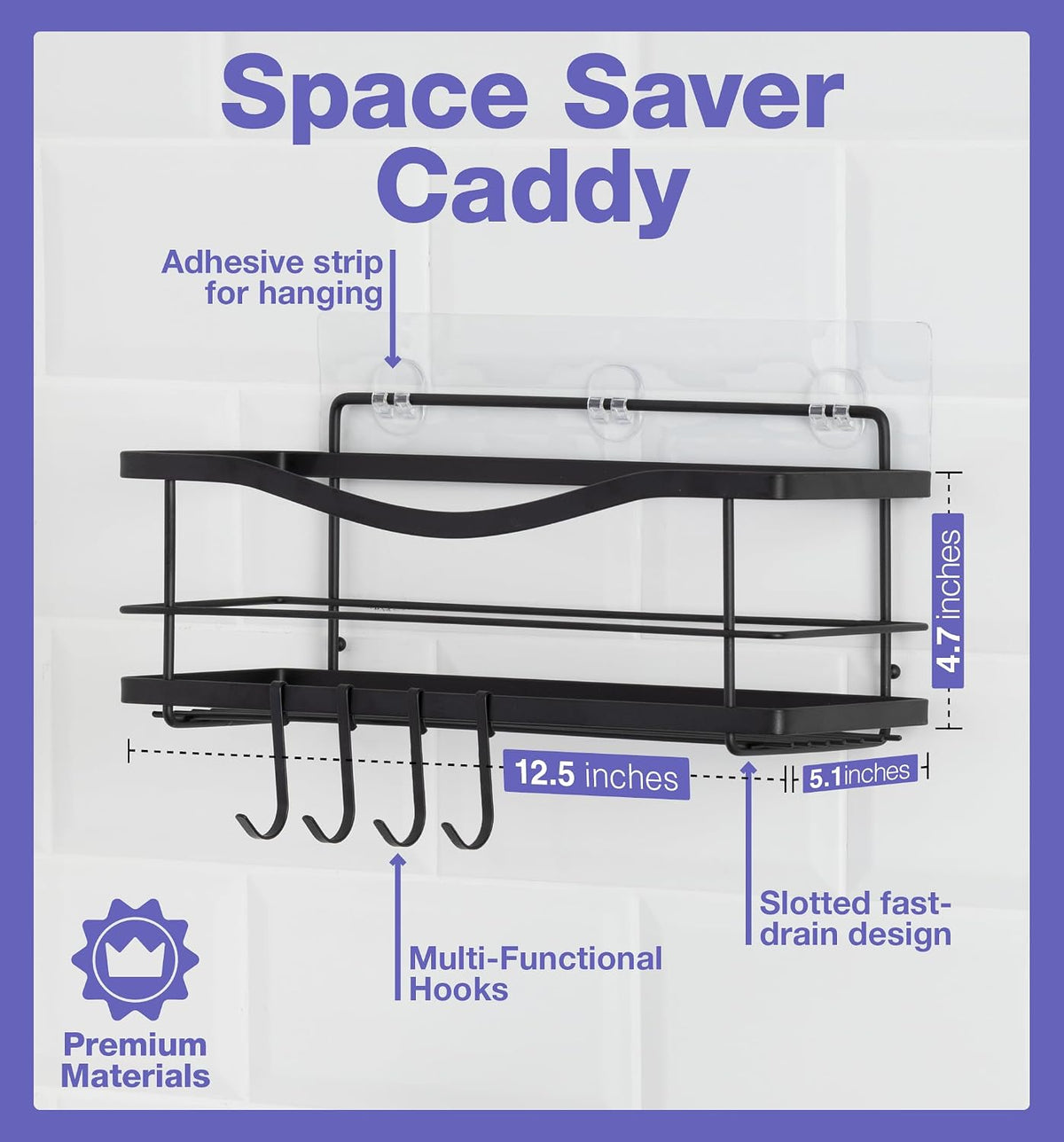 Premium Shower Caddy - Self Adhesive Shower Shelf with 4 Hooks - No Drill Large Capacity Stainless Steel Rack - Aesthetic Organizer for Bathroom Wall Decor - Matte Black