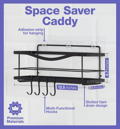 Premium Shower Caddy - Self Adhesive Shower Shelf with 4 Hooks - No Drill Large Capacity Stainless Steel Rack - Aesthetic Organizer for Bathroom Wall Decor - Matte Black