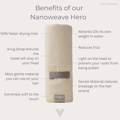 Hero Hair Towel – Ultra Soft Nanoweave™ Microfiber, Super Absorbent Quick Dry, Reduces Dry Time 50%, Anti-Frizz & Breakage, Secure Snug Strap, Large Wrap for All Hair Types - Luna Gray