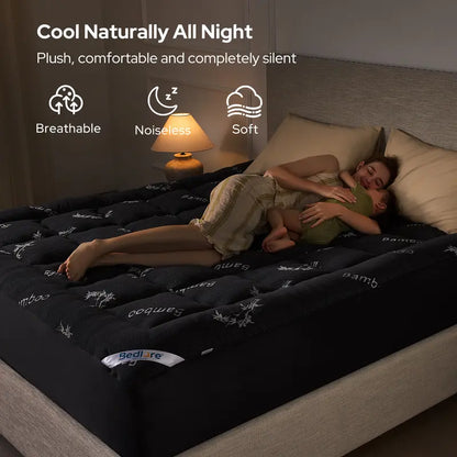 【Bedlore】Bamboo Cooling Mattress Topper with Fitted Sheet, Thick Luxury Comfort Layer, Breathable & Soft on Skin, Deep Pocket Design, Machine Washable, Ideal for Bedroom & Home Use Homeessentials