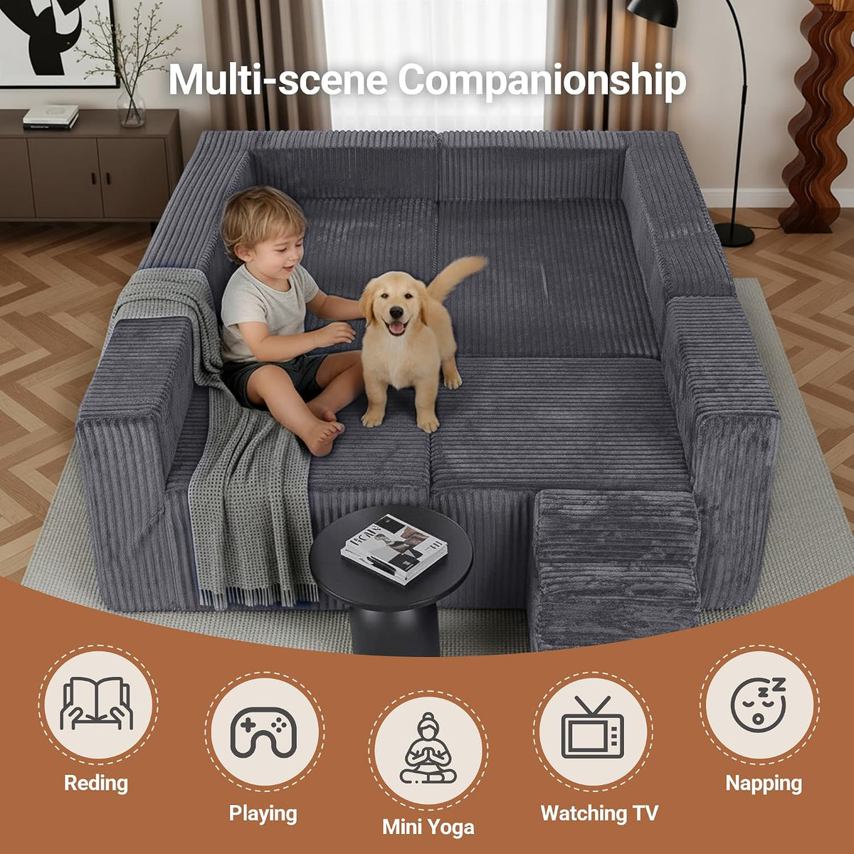 128" Modular U Shaped Boneless Couch, Deep Seat Bonless Couches for Living Room, Modern Cloud Sofa with Double Chaise, No Assembly Required, Dark Grey