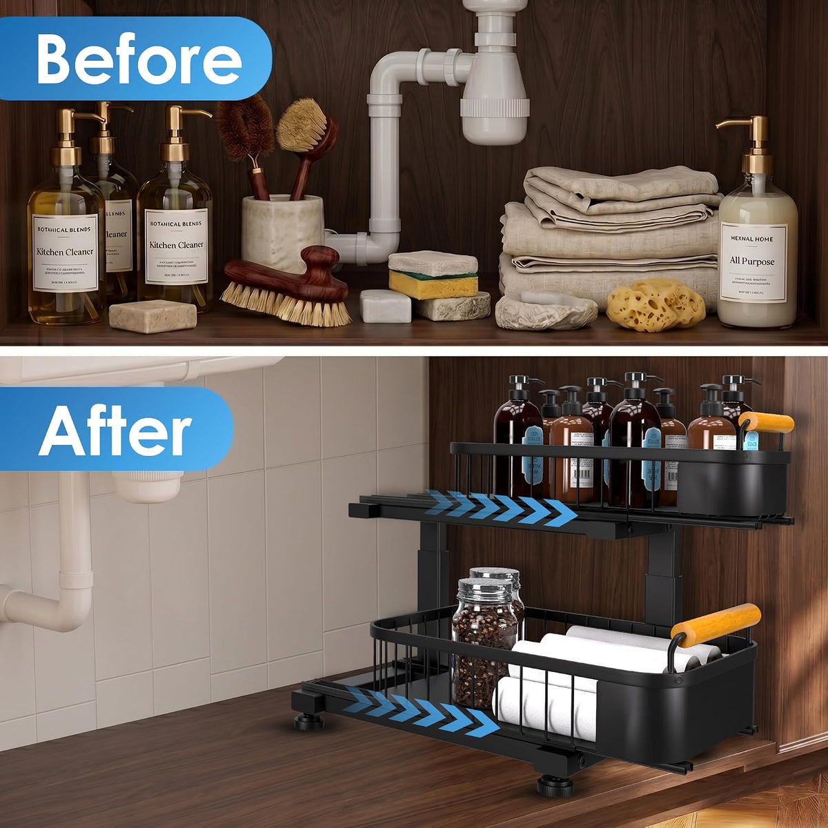 Premium Large under Sink Organizer, 2-Tier Pull Out, Adjustable