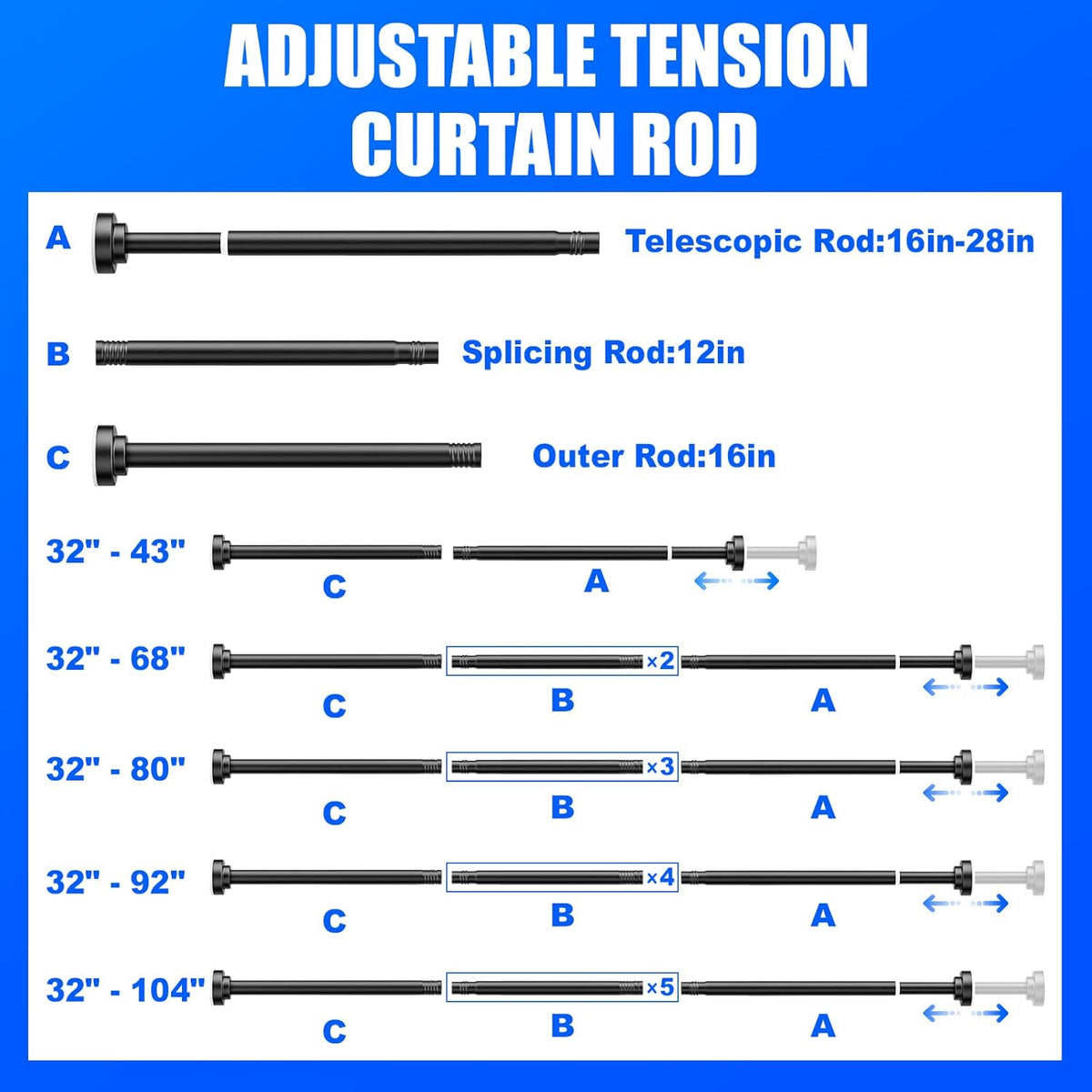 Shower Curtain Rod - 32-43 Inch Rustproof Tension Rod, Non-Slip Spring Design, No Drilling Adjustable Curtain Rod for Bathroom, Kitchen, and Closet（Black）