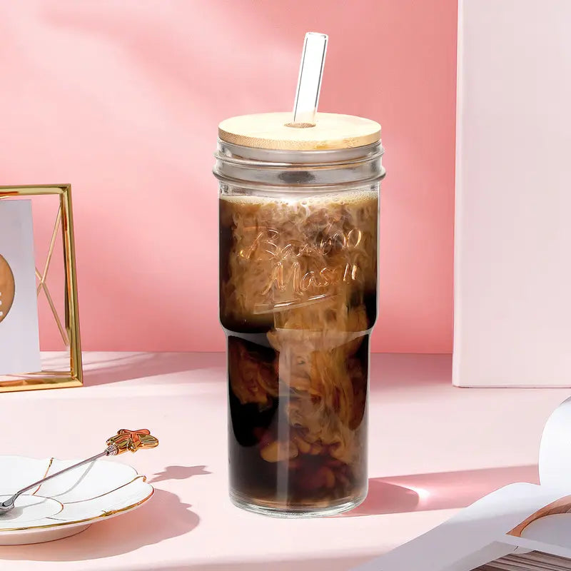4-Pack 24oz Mason Jar Reusable Glass Water Bottles with Lids & Straws - Perfect for Iced Coffee, Boba & On-the-Go Refreshments!