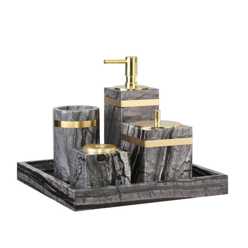 Bathroom Accessories Set Marble Gold Soap Dispenser Tooth Brush Holder Cotton Swab Box Luxury Bathroom Hardware Set