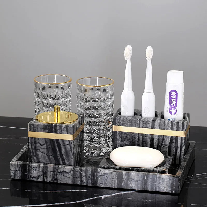 Bathroom Accessories Set Marble Gold Soap Dispenser Tooth Brush Holder Cotton Swab Box Luxury Bathroom Hardware Set