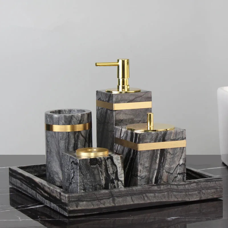 Bathroom Accessories Set Marble Gold Soap Dispenser Tooth Brush Holder Cotton Swab Box Luxury Bathroom Hardware Set