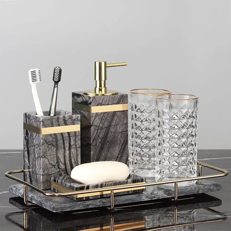 Bathroom Accessories Set Marble Gold Soap Dispenser Tooth Brush Holder Cotton Swab Box Luxury Bathroom Hardware Set