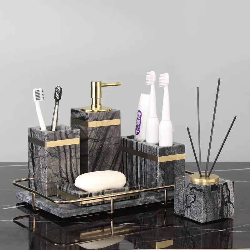 Bathroom Accessories Set Marble Gold Soap Dispenser Tooth Brush Holder Cotton Swab Box Luxury Bathroom Hardware Set