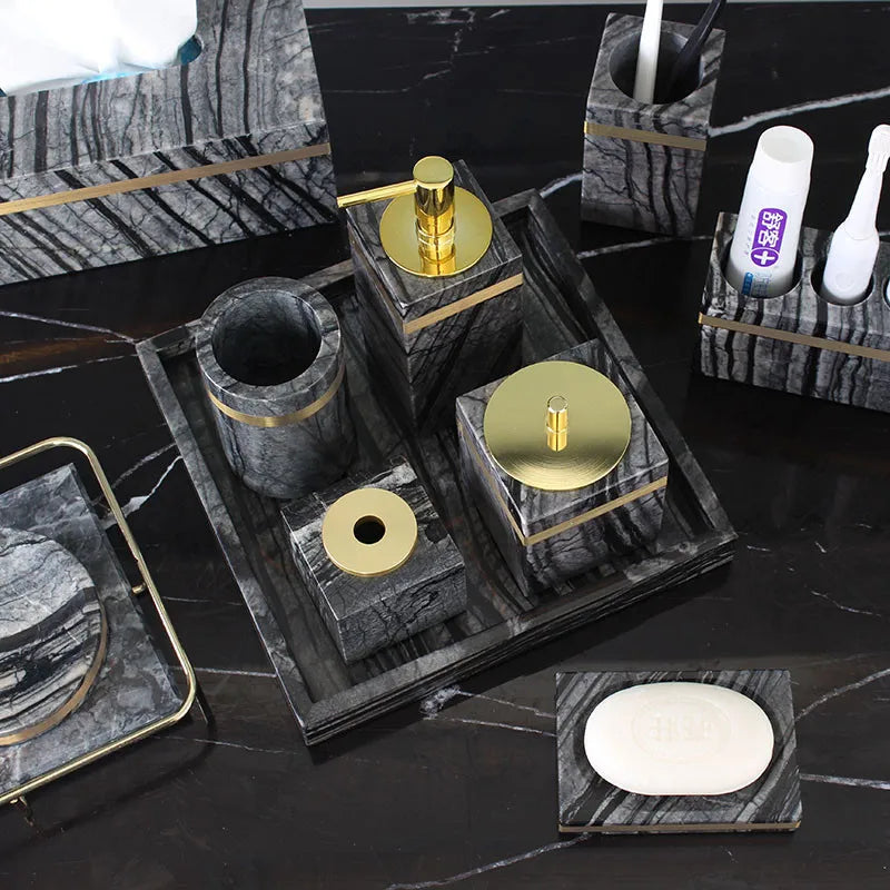 Bathroom Accessories Set Marble Gold Soap Dispenser Tooth Brush Holder Cotton Swab Box Luxury Bathroom Hardware Set