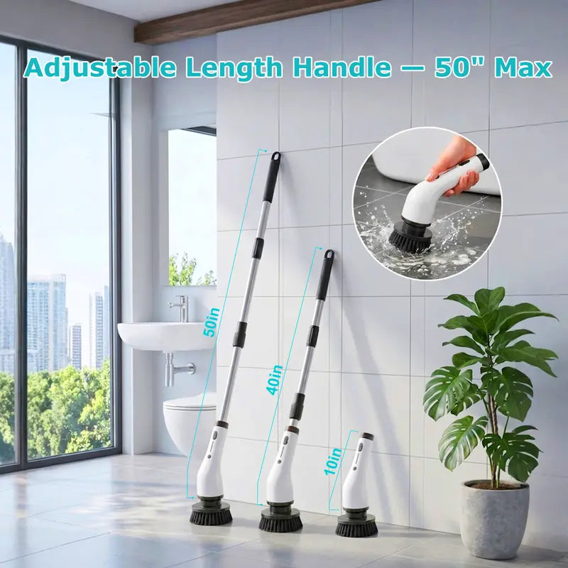 Durable Wireless Electric Spin Scrubber with Charging Station, Powerful Motor, IPX7 Wet-Safe Full-Body Moisture Resistance, 4 Replaceable Heads, 3 Adjustable Extension Rods, Dual-Speed Control, Handle, for Bathroom & Specialty Kitchen Home Essentials