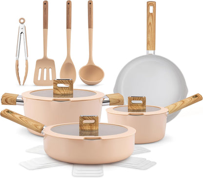 Ceramic Cookware Set with Cooking Utensils - 14-Piece Nonstick Cookware Set with Glass Lids, Compatible with All Cooktops, Heat-Resistant Handles and Stylish Finish (Pink)