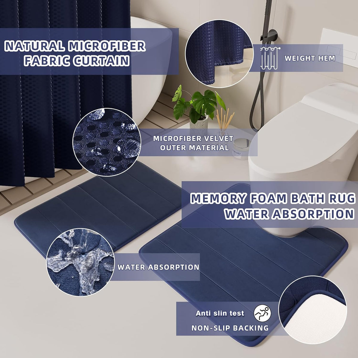 Bathroom Set - 25PC Blue Bathroom Set with Shower Curtain and Rugs
