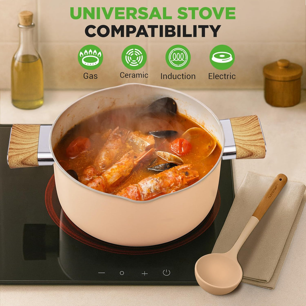 Ceramic Cookware Set with Cooking Utensils - 14-Piece Nonstick Cookware Set with Glass Lids, Compatible with All Cooktops, Heat-Resistant Handles and Stylish Finish (Pink)