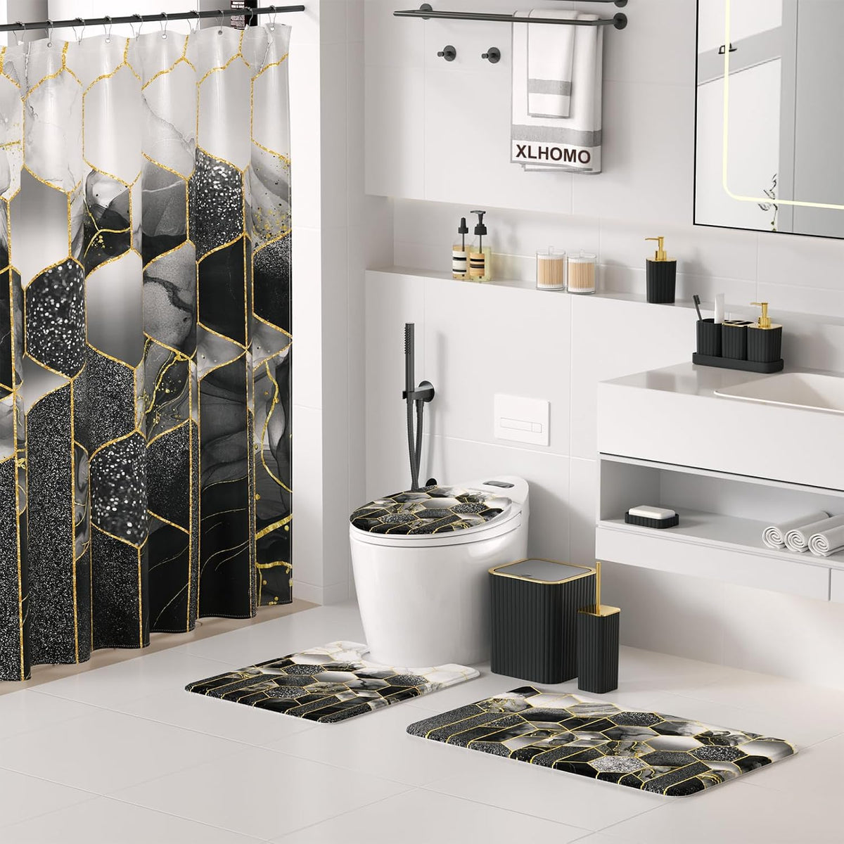 Bathroom Set - 26PC Bathroom Set with Shower Curtain and Rugs, Black