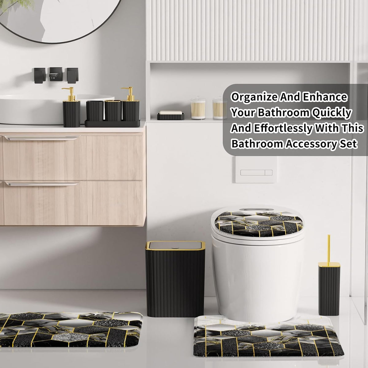 Bathroom Set - 26PC Bathroom Set with Shower Curtain and Rugs, Black