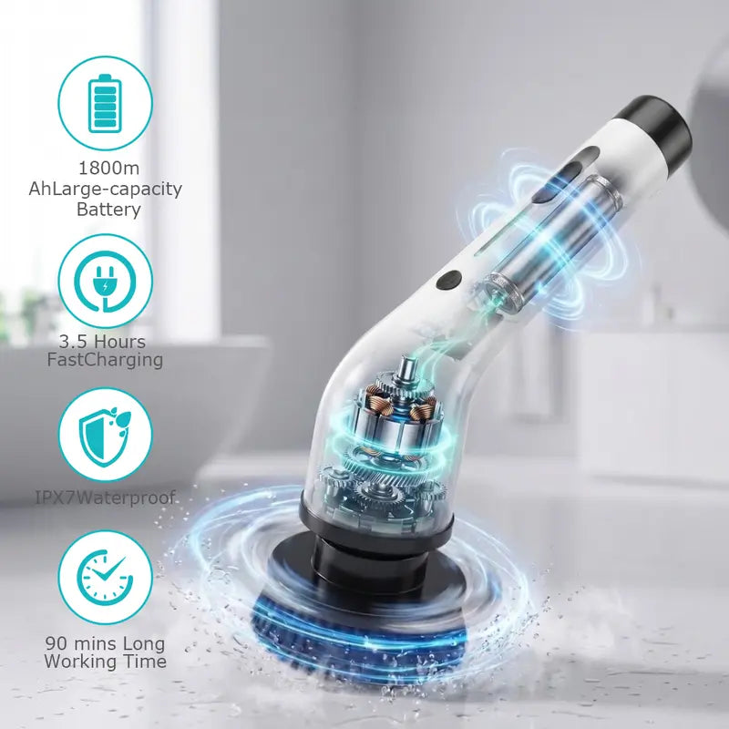 Durable Wireless Electric Spin Scrubber with Charging Station, Powerful Motor, IPX7 Wet-Safe Full-Body Moisture Resistance, 4 Replaceable Heads, 3 Adjustable Extension Rods, Dual-Speed Control, Handle, for Bathroom & Specialty Kitchen Home Essentials