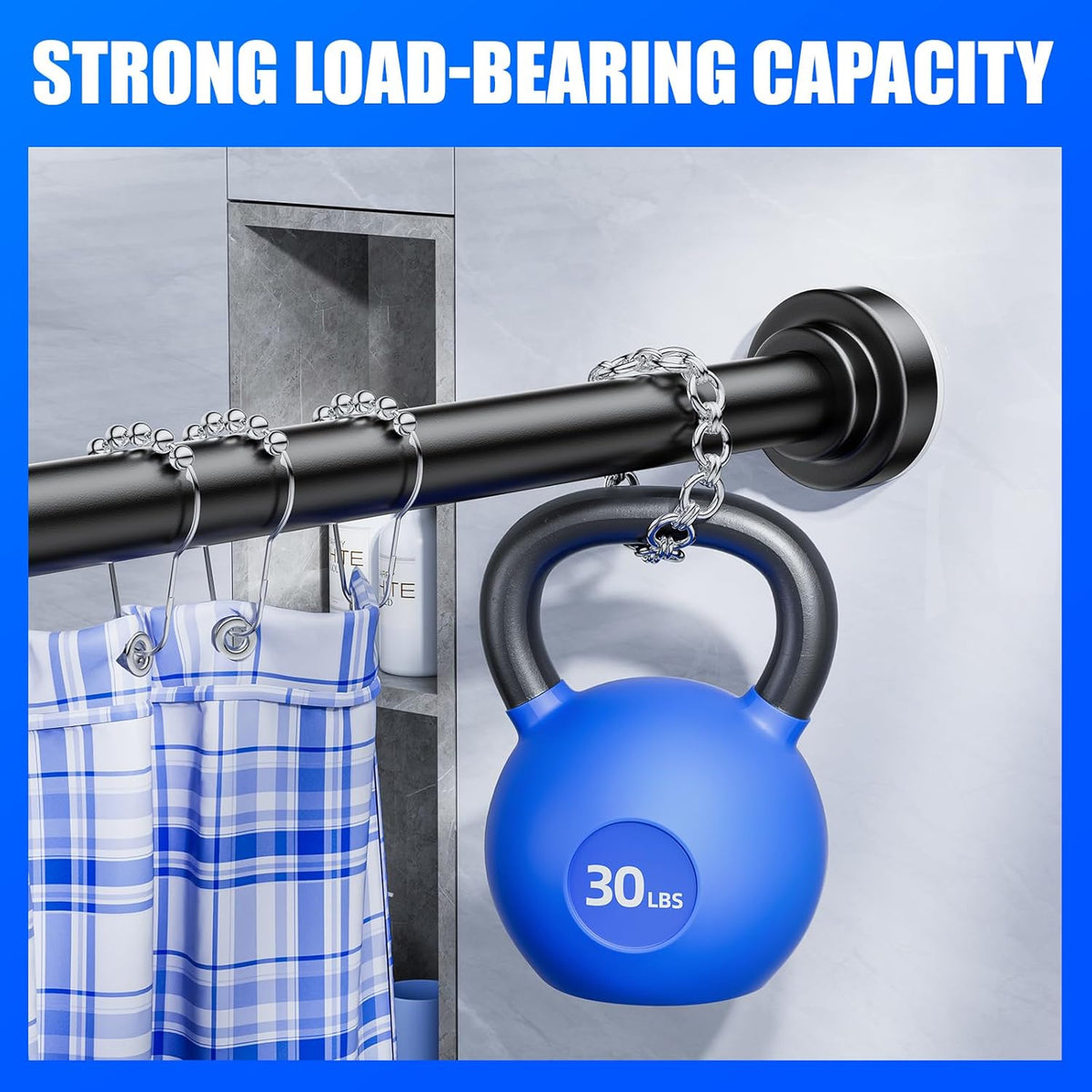 Shower Curtain Rod - 32-43 Inch Rustproof Tension Rod, Non-Slip Spring Design, No Drilling Adjustable Curtain Rod for Bathroom, Kitchen, and Closet（Black）