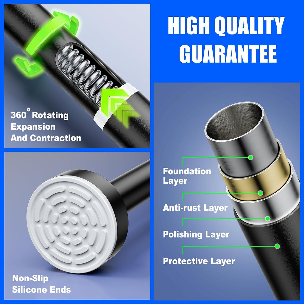 Shower Curtain Rod - 32-43 Inch Rustproof Tension Rod, Non-Slip Spring Design, No Drilling Adjustable Curtain Rod for Bathroom, Kitchen, and Closet（Black）