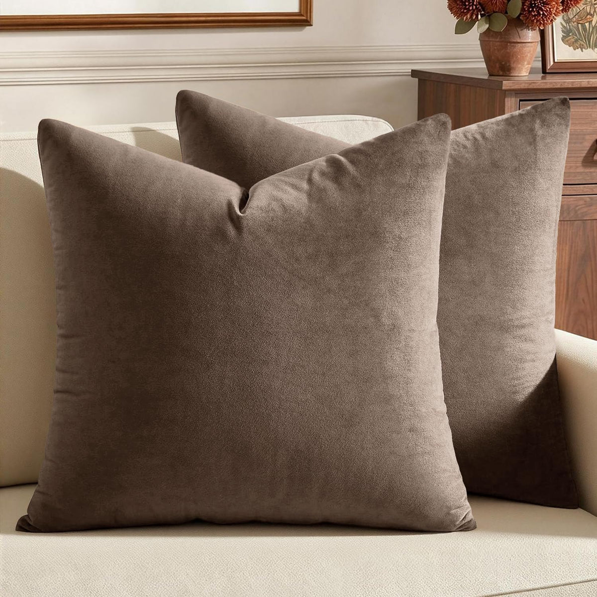 Velvet Throw Pillow Covers 18X18 Inch Pack of 2 Coffee