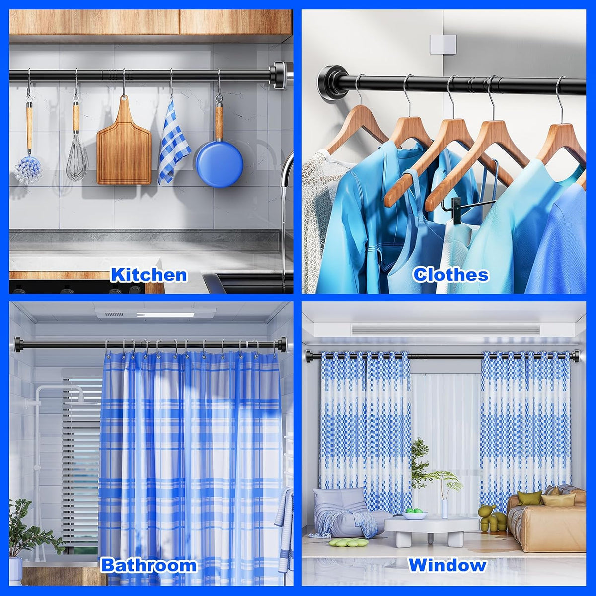 Shower Curtain Rod - 32-43 Inch Rustproof Tension Rod, Non-Slip Spring Design, No Drilling Adjustable Curtain Rod for Bathroom, Kitchen, and Closet（Black）