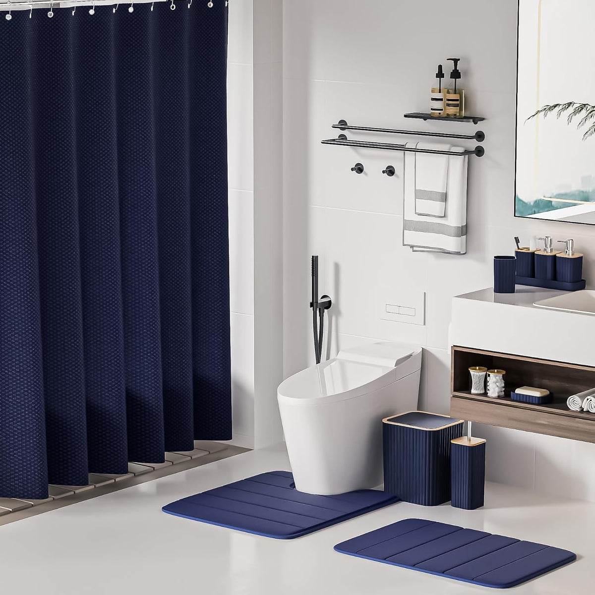 Bathroom Set - 25PC Blue Bathroom Set with Shower Curtain and Rugs