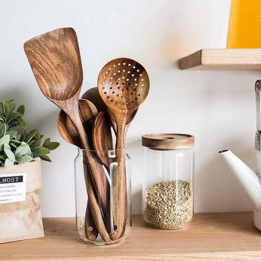 5Pcs Solid Wood Kitchen Utensil Set - Heat-Resistant Ergonomic Wooden Cooking Tools (Spatula, Slotted Turner, Ladle, Serving Spoon) - Durable Easy-Clean for Non-Stick Cookware, Eco-Friendly Home Kitchen Party Gift Accessory, Five Pieces,Sohochic