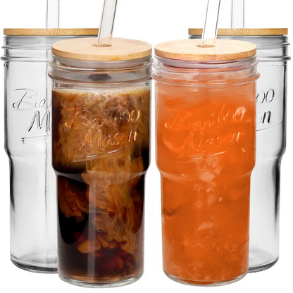 4-Pack 24oz Mason Jar Reusable Glass Water Bottles with Lids & Straws - Perfect for Iced Coffee, Boba & On-the-Go Refreshments!